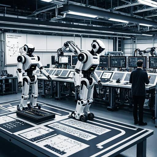 Robotics Engineers and Robots in High-Tech Laboratory