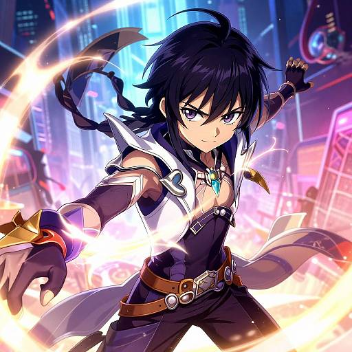 Digital anime-style drawing of a fierce, black-haired, purple-eyed warrior with glowing fire effects, neon cityscape background, wearing black and white armor with