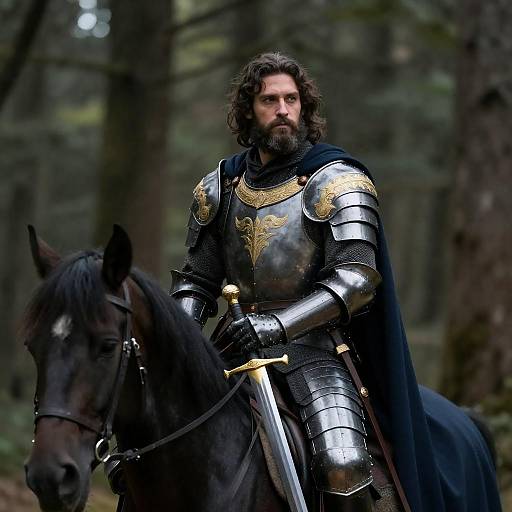Medieval Warrior on Horseback in Forest