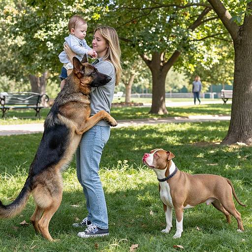 Photograph of a blonde woman in a gray shirt and blue jeans, holding a smiling baby, with a standing German Shepherd and a brown and white Box