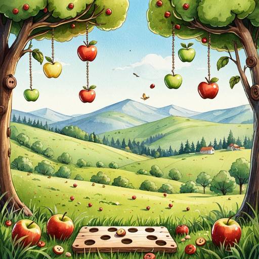 Whimsical Mountain Meadow with Hanging Apples