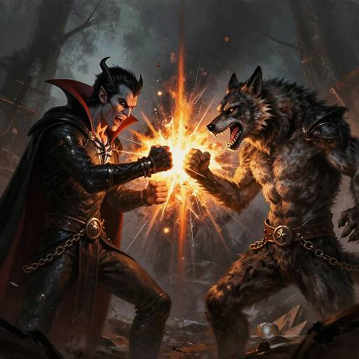 Digital art: Dark, muscular vampire with pointed ears and red eyes clashes with fierce, snarling werewolf, both exchanging fiery energy in a forest