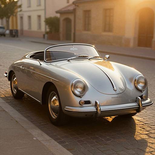 Photograph of a silver vintage Porsche 356 convertible parked on a cobblestone street at sunset, with warm sunlight highlighting its sleek, shiny body.