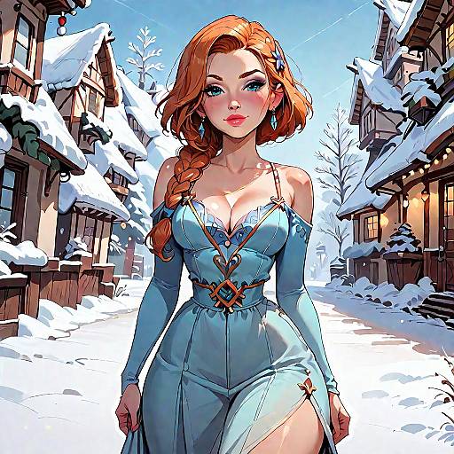 Curvy Redhead Woman in Blue Dress in Snowy Village