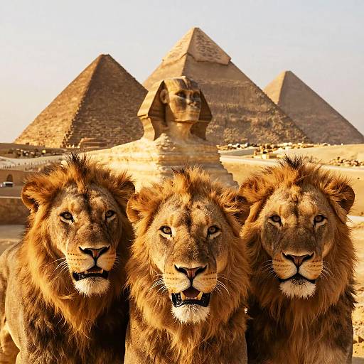 Photograph of three majestic lions standing in front of the Pyramids of Giza, with the Great Sphinx in the background.