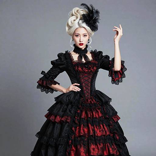 Photograph of a stylish woman in a black and red Victorian-style gown with ruffles, lace, and a black feathered hat, striking a dramatic