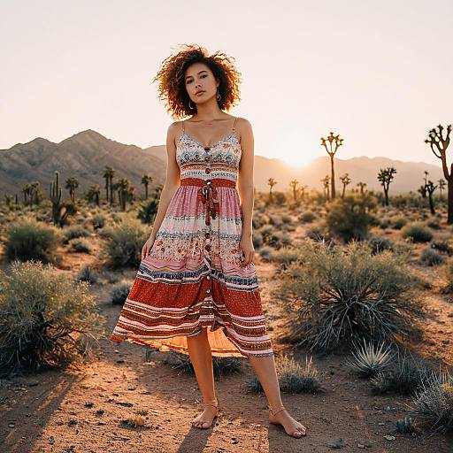 Woman in Bohemian Dress in Desert Sunset