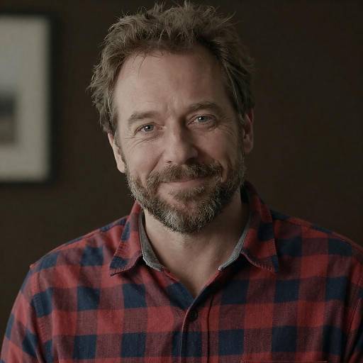 Middle-aged man in plaid shirt smiling