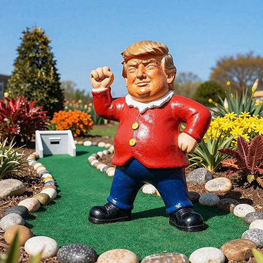 Photograph of a colorful, cartoonish statue of a man with blond hair, red jacket, blue pants, and black shoes, raising his fist in