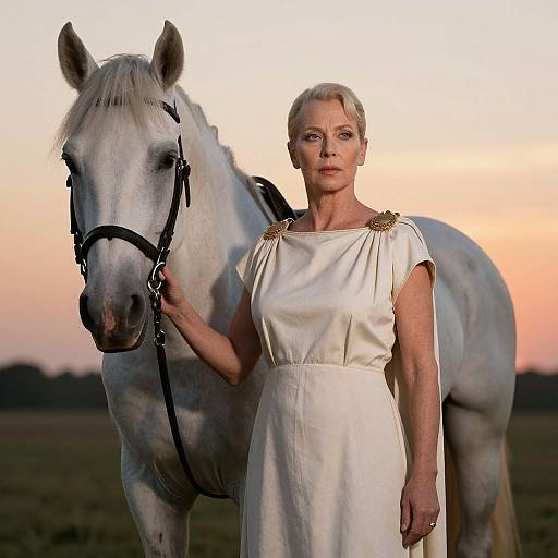 Photograph of a mature woman with short blonde hair in a white satin dress standing beside a white horse with a black bridle, against a sunset-l