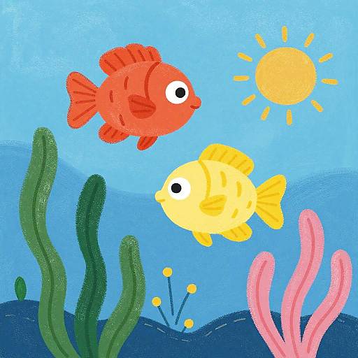 Colorful digital illustration of two fish, a red one and a yellow one, swimming near coral and seaweed under a bright sun.