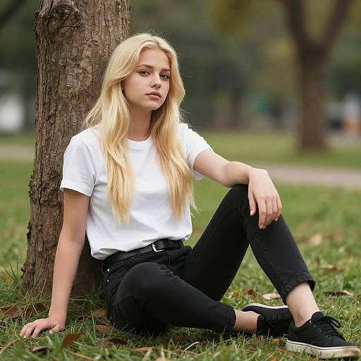 Young Woman Sitting Outdoors by Tree