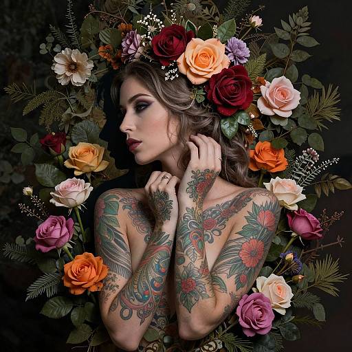 Tattooed woman with floral head crown, surrounded by vibrant roses, wearing dark makeup, standing against dark background, photograph.