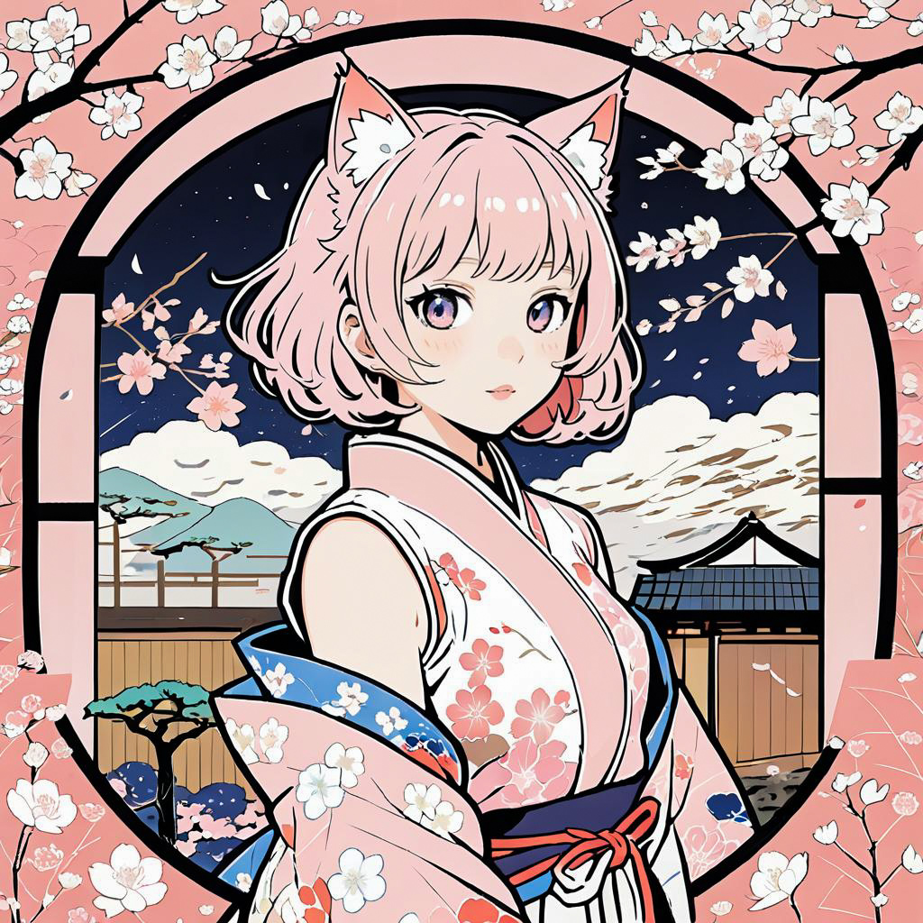 Playful Catgirl Streamer in Ukiyo-e Style