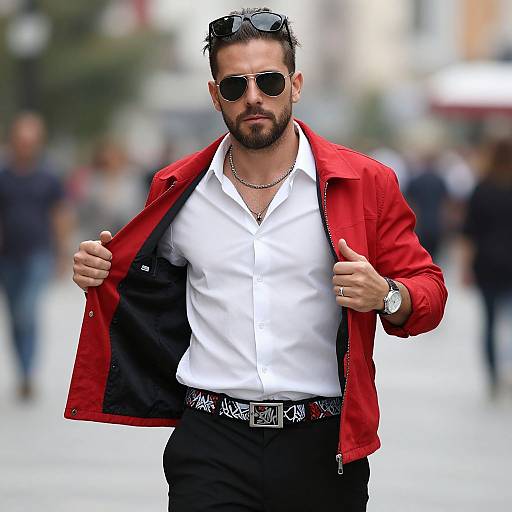 Photograph of a bearded man with dark hair, sunglasses, red jacket, white shirt, black pants, and silver chain, confidently walking in a