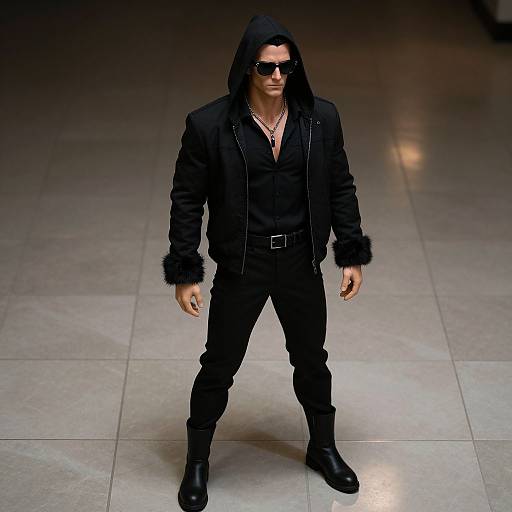 Photograph of a tall, muscular man with dark skin, black hooded jacket, fur-trimmed sleeves, black pants, black boots, and