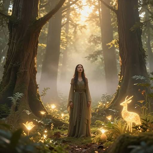 Magical forest scene: woman in flowing green dress stands amidst glowing fireflies and ethereal deer, sunlight filtering through tall trees.