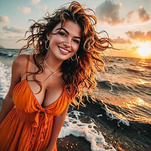 Photograph of a smiling, curly-haired woman with large breasts in an orange, low-cut dress standing on a beach at sunset, waves in background,