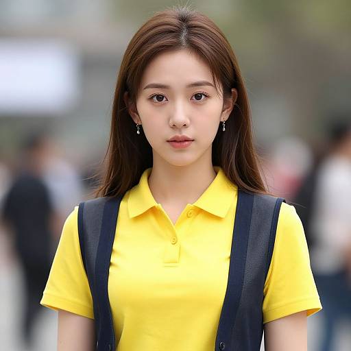 Photograph of an East Asian woman with straight brown hair, wearing a bright yellow polo shirt and black backpack, standing in a blurred outdoor crowd.