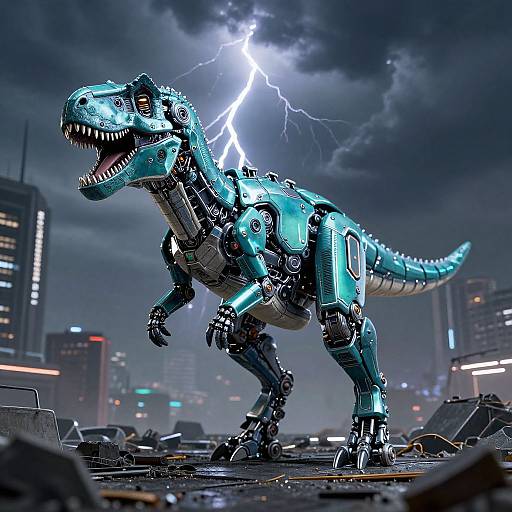 Cybernetic T-Rex with glowing blue metal, standing amidst a cityscape during a lightning storm, surrounded by debris and tall buildings.