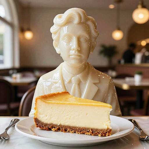 Photograph of a white marble statue of a man with wavy hair, wearing a suit, behind a plate of creamy cheesecake with a brown crust