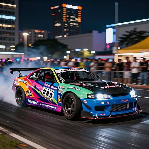 Photograph of a brightly-colored, high-performance race car with number 23, emitting smoke, racing at night in an urban cityscape.