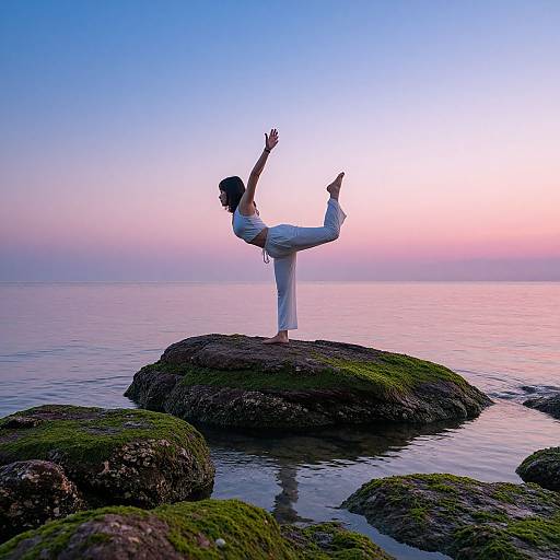 Photograph: Silhouetted woman in white pants and top, balancing on one leg, raising arms, standing on mossy rock at sunset over