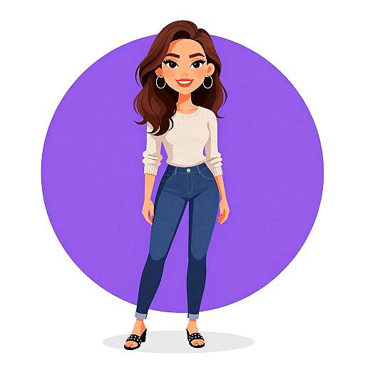 Digital cartoon of a smiling woman with long brown hair, wearing a white sweater, blue jeans, hoop earrings, and black sandals, standing against a purple