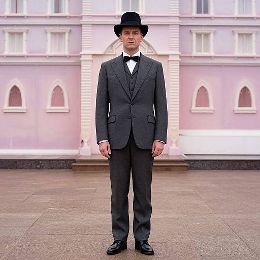 Photograph of a man in a black formal suit, white dress shirt, black bow tie, and black top hat, standing in front of a pink
