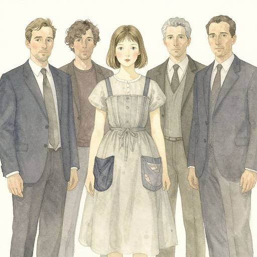 Watercolor-style drawing of five adults standing in a line. Central young woman in white dress holds blue handbag; four men in suits surround her.