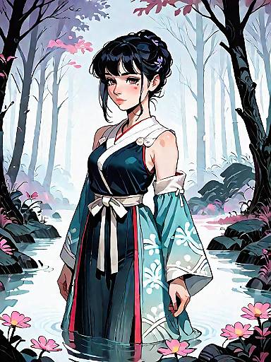 Dark Fantasy Girl in Kimono by Misty Forest Stream