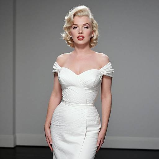 Photograph of a blonde woman with curled hair, wearing an off-shoulder, form-fitting white dress, standing on a gray runway.