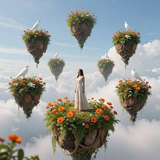 Digital artwork of a woman in a white dress standing on a floating flower basket, surrounded by six more baskets with orange flowers and white birds, against a