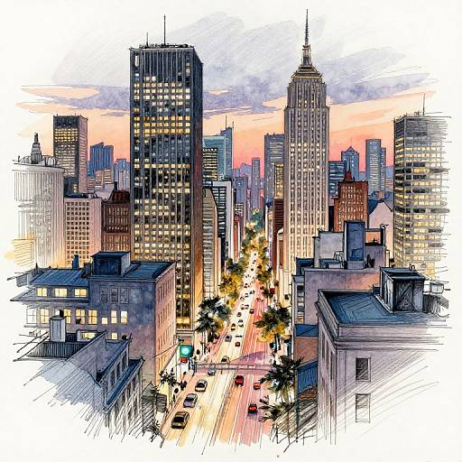 Digital cityscape illustration of a bustling urban skyline at sunset, featuring tall skyscrapers, illuminated windows, busy street with cars, and a vibrant,