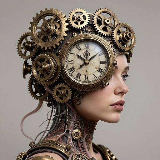 Photorealistic digital art of a woman with gears and clock parts integrated into her head, showcasing steampunk style. She gazes forward, gray