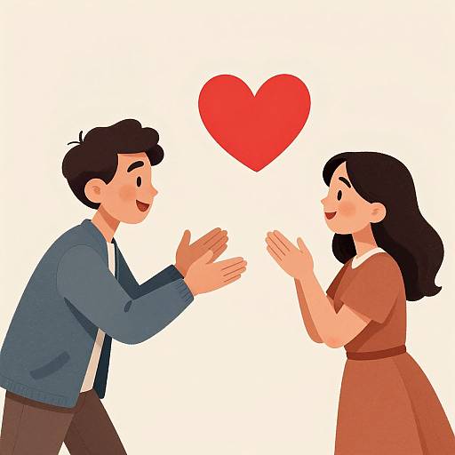 Cartoon illustration of a smiling man and woman facing each other, hands raised, with a red heart between them. Both wear casual clothes; white background