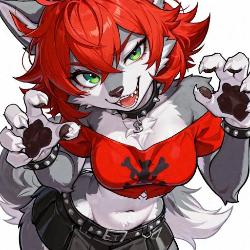 Furry Wolf Girl with Red Hair in Punk Outfit
