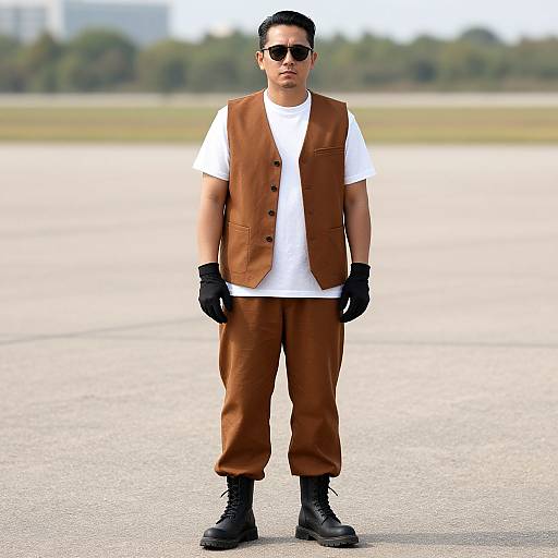 Man in Brown Outfit on Tarmac