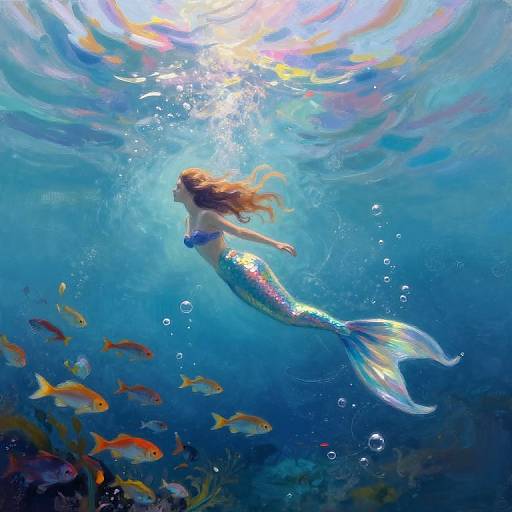 Digital painting of a mermaid with flowing brown hair and iridescent tail, swimming in a vibrant underwater scene with colorful fish, surrounded by bubbles and