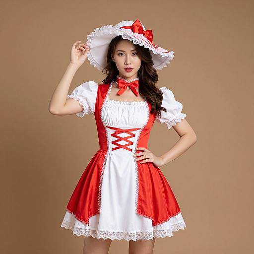 Photograph of an Asian woman in a red and white Alice in Wonderland-inspired dress with lace trim, red bow, and hat.