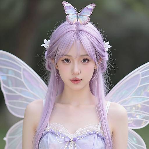 Photograph of an Asian woman with long lavender hair, wearing a white fairy costume, butterfly hairpiece, and translucent wings, set against a blurred green