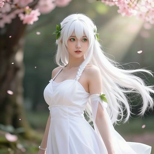 Photograph of a young woman with long white hair, green eyes, and fair skin wearing a white off-shoulder dress, standing in a sun