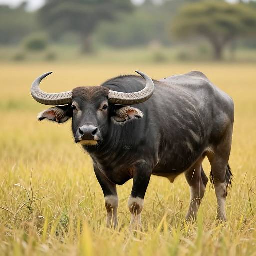Photograph of a black water buffalo with large curved horns standing in a golden-yellow grassy field, with blurred green trees in the background.
