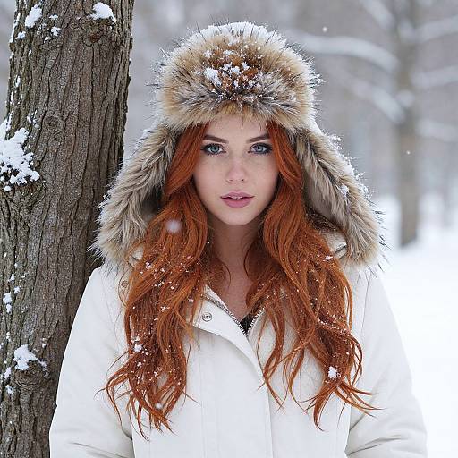 Photograph of a fair-skinned woman with long red hair, wearing a white winter coat and fur-trimmed hat, standing against a snow-covered