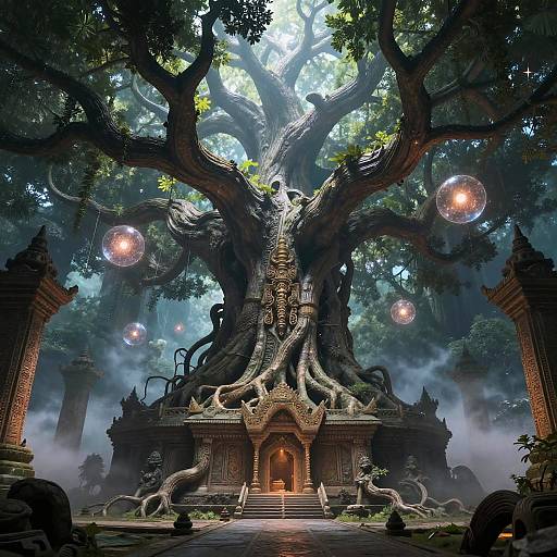 Fantastical CGI image of a massive, ancient tree with twisted roots enveloping a dark, ornate temple, surrounded by glowing orbs and fog,