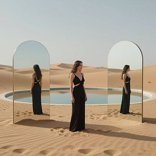 Photograph of a woman in a black, sleeveless, V-neck gown standing in a desert, reflected in two arched mirrors, beside a circular