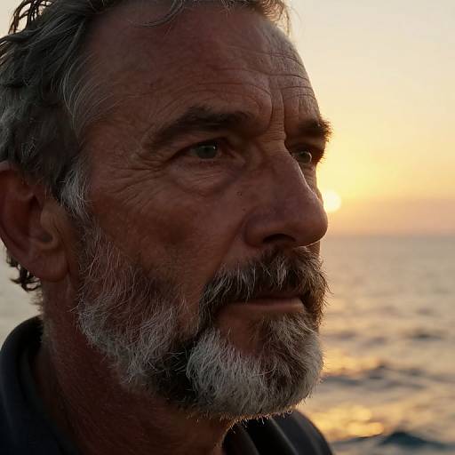 Photograph of an elderly man with a gray beard, deeply wrinkled face, and contemplative expression, set against a sunset ocean background.