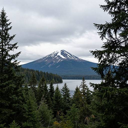 Snow-Capped Mountain Over Forest and Lake