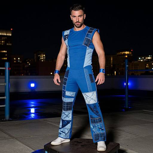Photograph of a muscular man with a beard, wearing a blue, patterned, sleeveless jumpsuit, white shoes, and blue wristband,