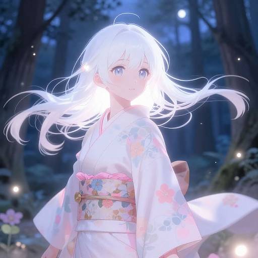 Digital anime-style drawing of a glowing white-haired girl in a floral kimono, standing in a moonlit forest with floating lights.